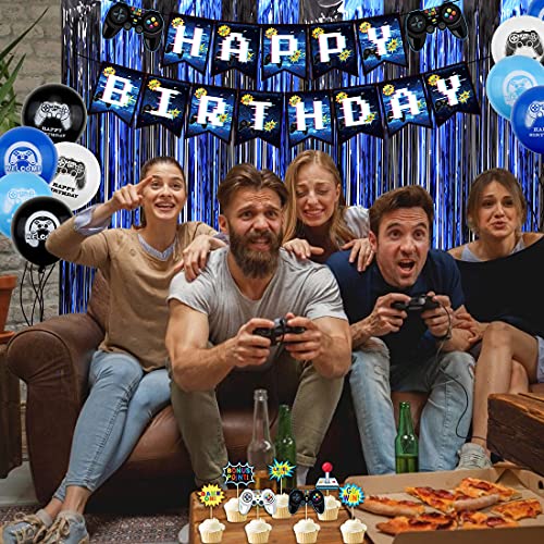 Video Game Party Supplies Set Birthday Decoration for Boys - Including HAPPY BIRTHDAY Gamer Banner, Controller Balloons, Fringe Curtains, Plates, Cups, Napkins, Tableware, Tablecloth, Balloons - Serves 20