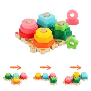 FLYINGSEEDS Wooden Stacking Toys for Toddler 2 3 4 Year Old, Shape Sorter Montessori Educational Puzzle Blocks Toys, Best Gifts for Girls Boys Preschool Early Learning Tool