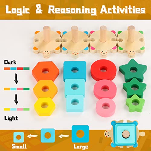 FLYINGSEEDS Wooden Stacking Toys for Toddler 2 3 4 Year Old, Shape Sorter Montessori Educational Puzzle Blocks Toys, Best Gifts for Girls Boys Preschool Early Learning Tool