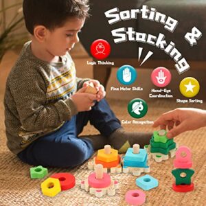 FLYINGSEEDS Wooden Stacking Toys for Toddler 2 3 4 Year Old, Shape Sorter Montessori Educational Puzzle Blocks Toys, Best Gifts for Girls Boys Preschool Early Learning Tool