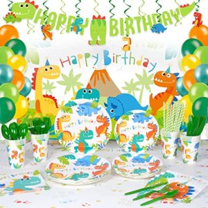 dinosaur birthday party supplies serves 16 with backdrop, dinosaur party decorations for boys, complete pack include hanging swirls, tablecloth, plates and napkins set, total 173pcs