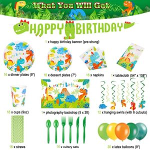 Dinosaur Birthday Party Supplies Serves 16 with Backdrop, Dinosaur Party Decorations for Boys, Complete Pack Include Hanging Swirls, Tablecloth, Plates and Napkins Set, Total 173pcs