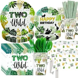 naiwoxi two wild birthday decorations tableware - safari birthday decorations include plates, cups, napkins, cutlery, tablecloth, straws, animal jungle theme party supplies for boy girl 2nd birthday