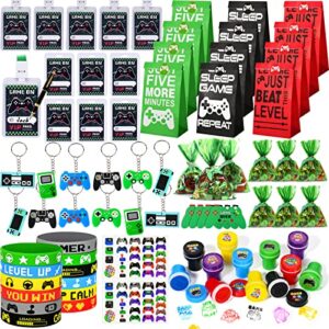 tacobear 102 pcs video game party favors for kids gamer party gift vip pass holder silicone bracelet keychain temporary tattoos pinata gift goodie bag fillers game on themed boys birthday party supplies