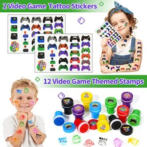 Tacobear 102 Pcs Video Game Party Favors for Kids Gamer Party Gift VIP Pass Holder Silicone Bracelet Keychain Temporary Tattoos Pinata Gift Goodie Bag Fillers Game On Themed Boys Birthday Party Supplies