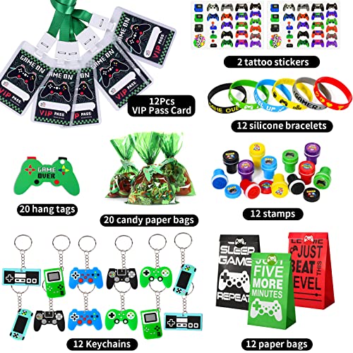 Tacobear 102 Pcs Video Game Party Favors for Kids Gamer Party Gift VIP Pass Holder Silicone Bracelet Keychain Temporary Tattoos Pinata Gift Goodie Bag Fillers Game On Themed Boys Birthday Party Supplies