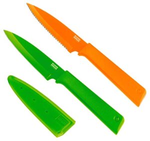 kuhn rikon colori+ non-stick straight and serrated paring knives with safety sheaths, set of 2, orange and green