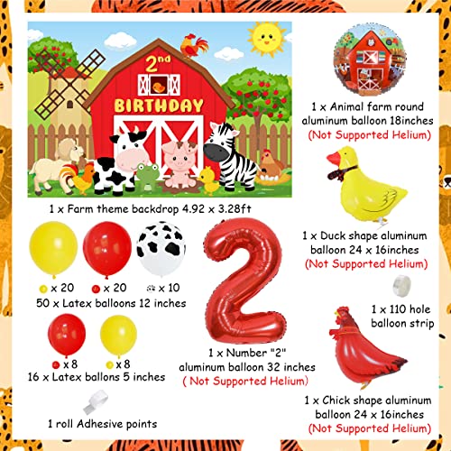 Farm Party Decorations 2nd Birthday Boys Girls Red Yellow Farm Animals Balloon Garland with 2nd Backdrop Animal Foil Balloons for Barnyard Farm Theme Birthday