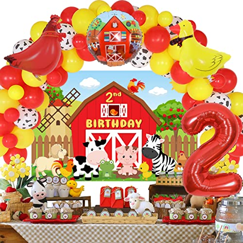 Farm Party Decorations 2nd Birthday Boys Girls Red Yellow Farm Animals Balloon Garland with 2nd Backdrop Animal Foil Balloons for Barnyard Farm Theme Birthday