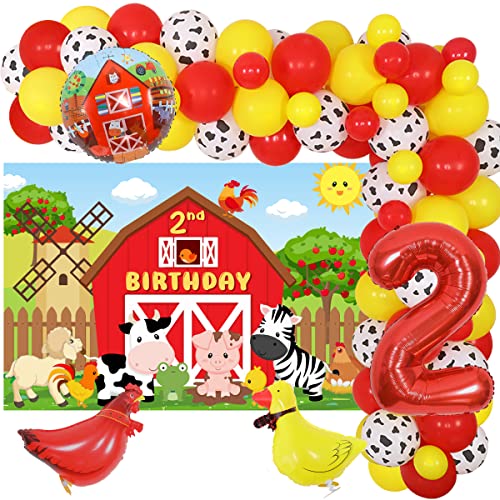 Farm Party Decorations 2nd Birthday Boys Girls Red Yellow Farm Animals Balloon Garland with 2nd Backdrop Animal Foil Balloons for Barnyard Farm Theme Birthday