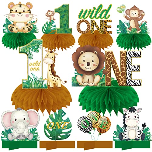 Wild One Birthday Decorations Honeycomb Centerpieces for Baby Boy Girls, Jungle Safari Theme 1st Birthday Table Centerpieces Party Supplies, Safari Animal First Birthday Table Topper Sign Decor