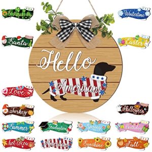 16 pcs interchangeable dog wooden door hanger ornaments rustic dachshund seasonal home sign replaceable hanging vertical welcome sign front door porch decor for wall outdoor christmas fall decoration