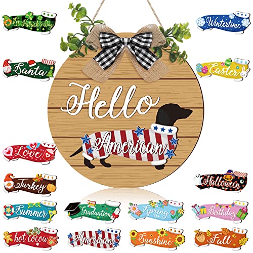 16 Pcs Interchangeable Dog Wooden Door Hanger Ornaments Rustic Dachshund Seasonal Home Sign Replaceable Hanging Vertical Welcome Sign Front Door Porch Decor for Wall Outdoor Christmas Fall Decoration