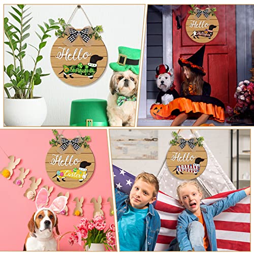 16 Pcs Interchangeable Dog Wooden Door Hanger Ornaments Rustic Dachshund Seasonal Home Sign Replaceable Hanging Vertical Welcome Sign Front Door Porch Decor for Wall Outdoor Christmas Fall Decoration