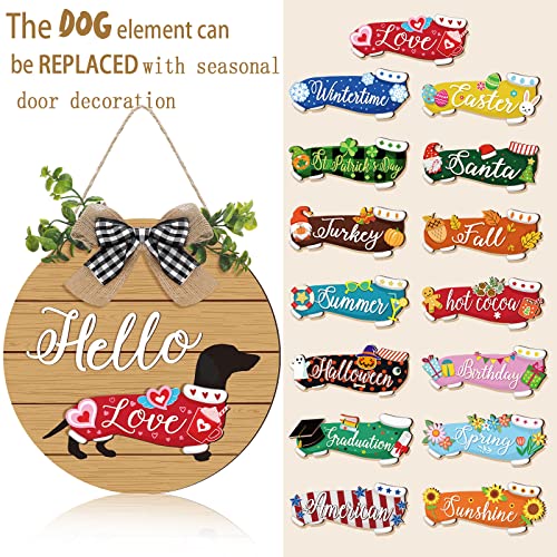 16 Pcs Interchangeable Dog Wooden Door Hanger Ornaments Rustic Dachshund Seasonal Home Sign Replaceable Hanging Vertical Welcome Sign Front Door Porch Decor for Wall Outdoor Christmas Fall Decoration