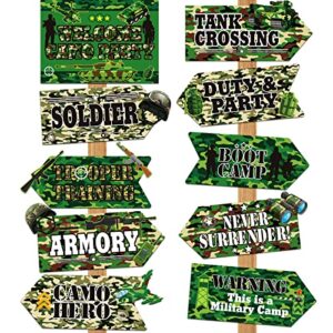 20 pieces camo party signs camoflauge birthday decorations camo signs camo birthday sign camoflauge birthday party supplies for kids boys military themed outdoor indoor decor, 10 styles