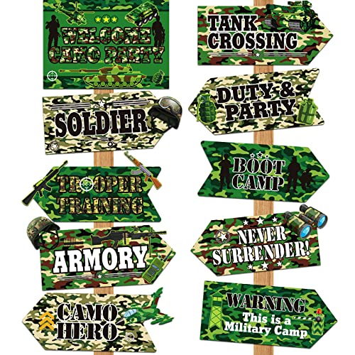 20 Pieces Camo Party Signs Camoflauge Birthday Decorations Camo Signs Camo Birthday Sign Camoflauge Birthday Party Supplies for Kids Boys Military Themed Outdoor Indoor Decor, 10 Styles