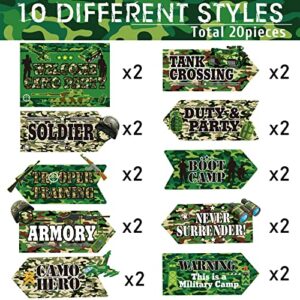 20 Pieces Camo Party Signs Camoflauge Birthday Decorations Camo Signs Camo Birthday Sign Camoflauge Birthday Party Supplies for Kids Boys Military Themed Outdoor Indoor Decor, 10 Styles