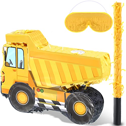 Construction Dump Truck Pinata Bundle Construction Pinata with Blindfold and Bat Construction Party Supplies Tractor Excavator Pinatas for Boy Kids Construction Birthday Party Decorations (Dump Truck)