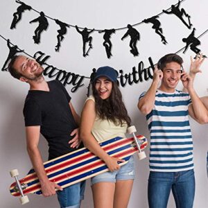 9 Pieces Skateboard Theme Happy Birthday Party Decorations Skateboard Happy Birthday Banner Black Silhouette Cupcake Toppers Skateboard Theme Party Supplies for Boys Girls Adults