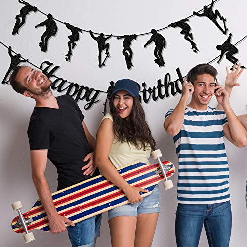 9 Pieces Skateboard Theme Happy Birthday Party Decorations Skateboard Happy Birthday Banner Black Silhouette Cupcake Toppers Skateboard Theme Party Supplies for Boys Girls Adults