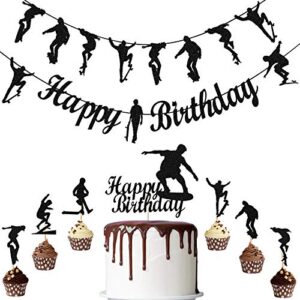 9 pieces skateboard theme happy birthday party decorations skateboard happy birthday banner black silhouette cupcake toppers skateboard theme party supplies for boys girls adults