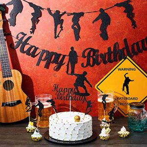 9 Pieces Skateboard Theme Happy Birthday Party Decorations Skateboard Happy Birthday Banner Black Silhouette Cupcake Toppers Skateboard Theme Party Supplies for Boys Girls Adults