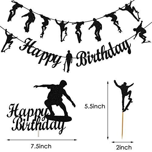 9 Pieces Skateboard Theme Happy Birthday Party Decorations Skateboard Happy Birthday Banner Black Silhouette Cupcake Toppers Skateboard Theme Party Supplies for Boys Girls Adults