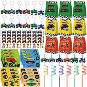 monster truck party favors set 72 pcs truck theme slap bracelets keychains tattoo stickers diy stickers drinking straws party gift bags for kids boys birthday party supplies