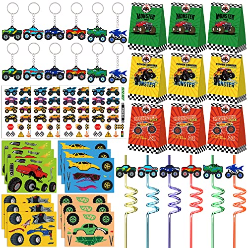 Monster Truck Party Favors Set 72 PCS Truck Theme Slap Bracelets Keychains Tattoo Stickers DIY Stickers Drinking Straws Party Gift Bags for Kids Boys Birthday Party Supplies