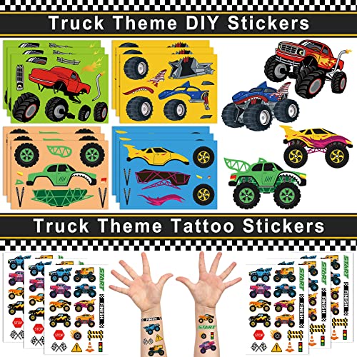 Monster Truck Party Favors Set 72 PCS Truck Theme Slap Bracelets Keychains Tattoo Stickers DIY Stickers Drinking Straws Party Gift Bags for Kids Boys Birthday Party Supplies