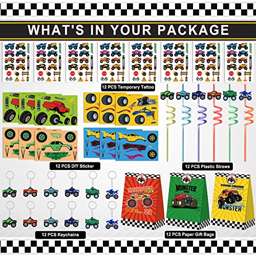 Monster Truck Party Favors Set 72 PCS Truck Theme Slap Bracelets Keychains Tattoo Stickers DIY Stickers Drinking Straws Party Gift Bags for Kids Boys Birthday Party Supplies