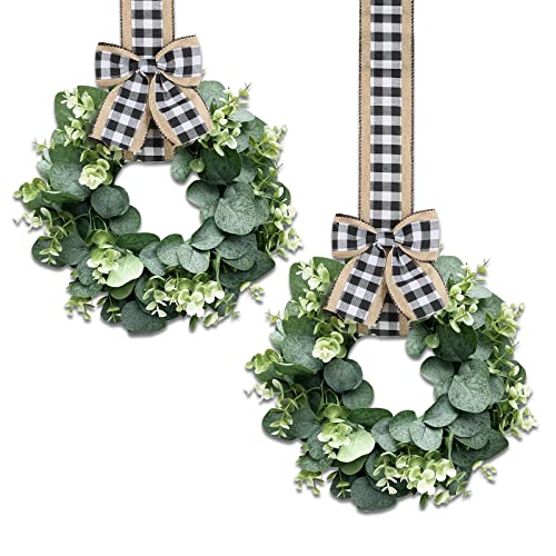 Faux Kitchen Cabinet Wreaths, 2 Pieces Small Pecuniary Eucalyptus Wreath 10 Inch Summer Farmhouse Wreath Mini Kitchen Cabinet Wreaths for Door Window Chair Wall Decor (Plaid Bow Style)