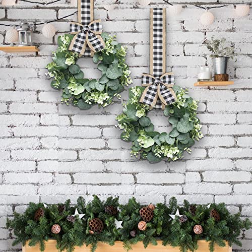 Faux Kitchen Cabinet Wreaths, 2 Pieces Small Pecuniary Eucalyptus Wreath 10 Inch Summer Farmhouse Wreath Mini Kitchen Cabinet Wreaths for Door Window Chair Wall Decor (Plaid Bow Style)