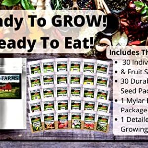 30 Vegetable & Fruit Seeds for Planting Your Outdoor & Indoor Home Seed Garden, Survival Gear Kit Includes 5900 Seeds, A Growing Guide & Mylar Package Gardening Heirloom Non-GMO Veggie Seed B&KM Farms