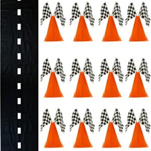 38 pcs set - 12 traffic cones with hole on top, 24 checkered flags, racetrack floor runner - for for race car birthday party supplies, table centerpiece decorations for kids by 4e's novelty
