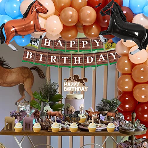 Horse Birthday Party Decorations, Cowboy Birthday Party Supplies for Boys - Horse Racing Theme Happy Birthday Banner Cake Cupcake Toppers Brown Blue Balloon Garland Arch Wild Horse Foil Balloons