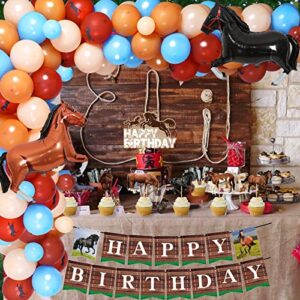 Horse Birthday Party Decorations, Cowboy Birthday Party Supplies for Boys - Horse Racing Theme Happy Birthday Banner Cake Cupcake Toppers Brown Blue Balloon Garland Arch Wild Horse Foil Balloons