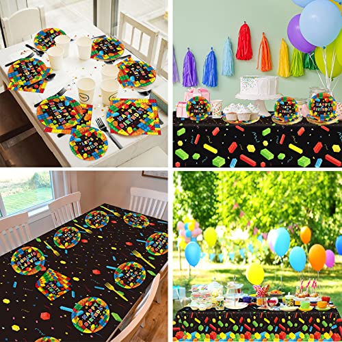 gisgfim Building Blocks Party Tableware Kit for 24 Guests Colorful Blocks Theme Birthday Party Decorations Kids Blocks Party Table Supplies Includes Plates, Napkins, Tablecloths Ideal