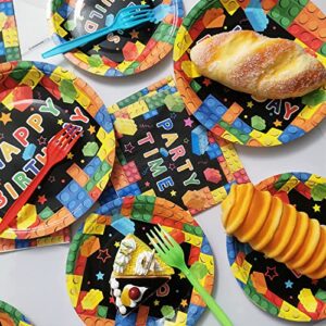 gisgfim Building Blocks Party Tableware Kit for 24 Guests Colorful Blocks Theme Birthday Party Decorations Kids Blocks Party Table Supplies Includes Plates, Napkins, Tablecloths Ideal