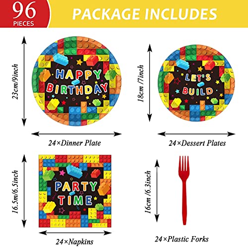 gisgfim Building Blocks Party Tableware Kit for 24 Guests Colorful Blocks Theme Birthday Party Decorations Kids Blocks Party Table Supplies Includes Plates, Napkins, Tablecloths Ideal