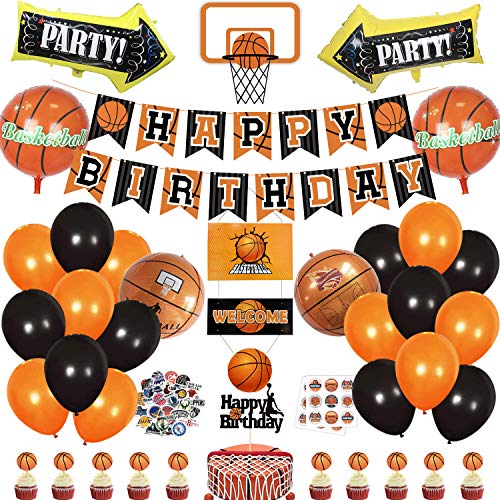 Basketball Party Decorations Birthday Party Supplies 95Pcs - HAPPY BIRTHDAY Banner "PARTY!" Foil Balloons Basketball Hoop Stickers Basketball Foil Balloons Black/Orange Latex Balloons Door Sign Stickers Cupcake Toppers Cake Topper Birthday Decorations for