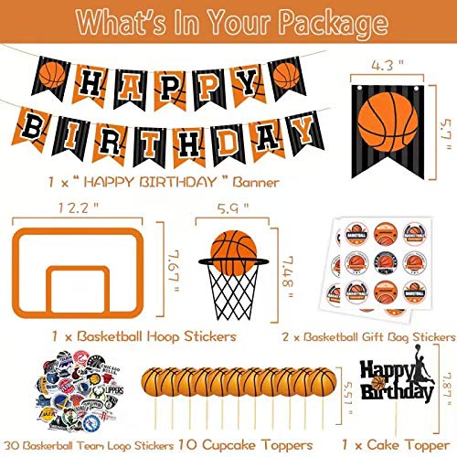 Basketball Party Decorations Birthday Party Supplies 95Pcs - HAPPY BIRTHDAY Banner "PARTY!" Foil Balloons Basketball Hoop Stickers Basketball Foil Balloons Black/Orange Latex Balloons Door Sign Stickers Cupcake Toppers Cake Topper Birthday Decorations for