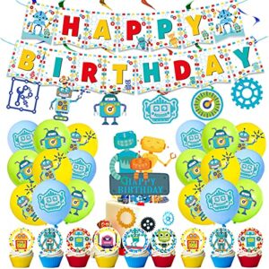 50pcs robot party supplies set-including happy birthday banner,cake topper and cupcake toppers,spiral ornaments,latex balloons for kid s boys robot theme party decoration