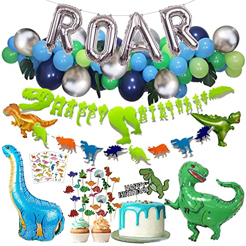 Emuya Dinosaur Party Decorations, Dinosaur Birthday Party Supplies for Boys Girls, Dino Party Decorations with Jurassic Park Themed, PDF Downloads, Godzilla T Rex Balloons, ROAR for Kids first, 2, 3, 4 year old (SILVER)