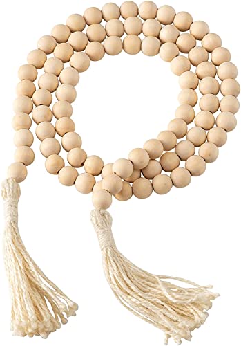 MEETYAMOR Wooden Beads, 58 Inch Farmhouse Wood Beads Garland for Boho Decor with Tassels, Christmas Garlands Rustic Country Decor for Coffee Table, Home, Living Room, Bedroom