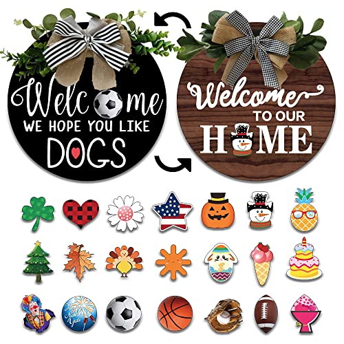 Welcome Sign for Front Door Interchangeable Sign for Fall Decor Farmhouse Decor with 21 pairs of Interchangeable Seasonal Holiday Icons,Suitable for Valentine's St. Patrick's Easter Halloween Thanksgiving Christmas New Year,Fun DIY Wood Reversible Door Si