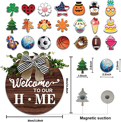 Welcome Sign for Front Door Interchangeable Sign for Fall Decor Farmhouse Decor with 21 pairs of Interchangeable Seasonal Holiday Icons,Suitable for Valentine's St. Patrick's Easter Halloween Thanksgiving Christmas New Year,Fun DIY Wood Reversible Door Si