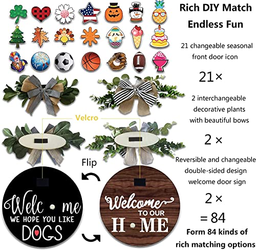 Welcome Sign for Front Door Interchangeable Sign for Fall Decor Farmhouse Decor with 21 pairs of Interchangeable Seasonal Holiday Icons,Suitable for Valentine's St. Patrick's Easter Halloween Thanksgiving Christmas New Year,Fun DIY Wood Reversible Door Si