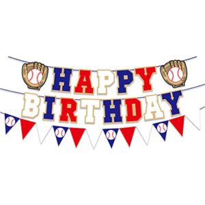 happy birthday banner for baseball birthday decorations, sports theme birthday party supplies, baseball pennant bunting party supplies for boys (red white and blue)